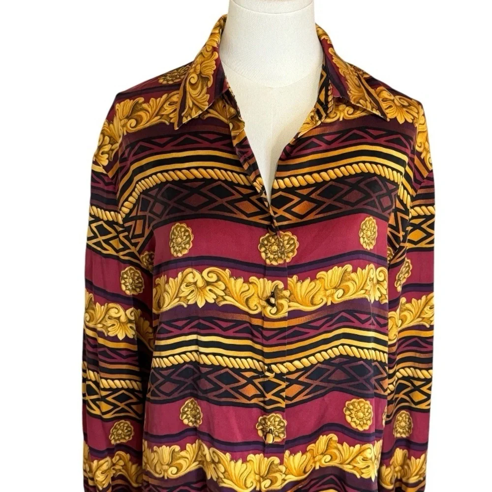 COREY B. New‎ York Silk Button Down Top Shirt Size 6 Wild Barocco Print Work VTG - Picture 2 of 6